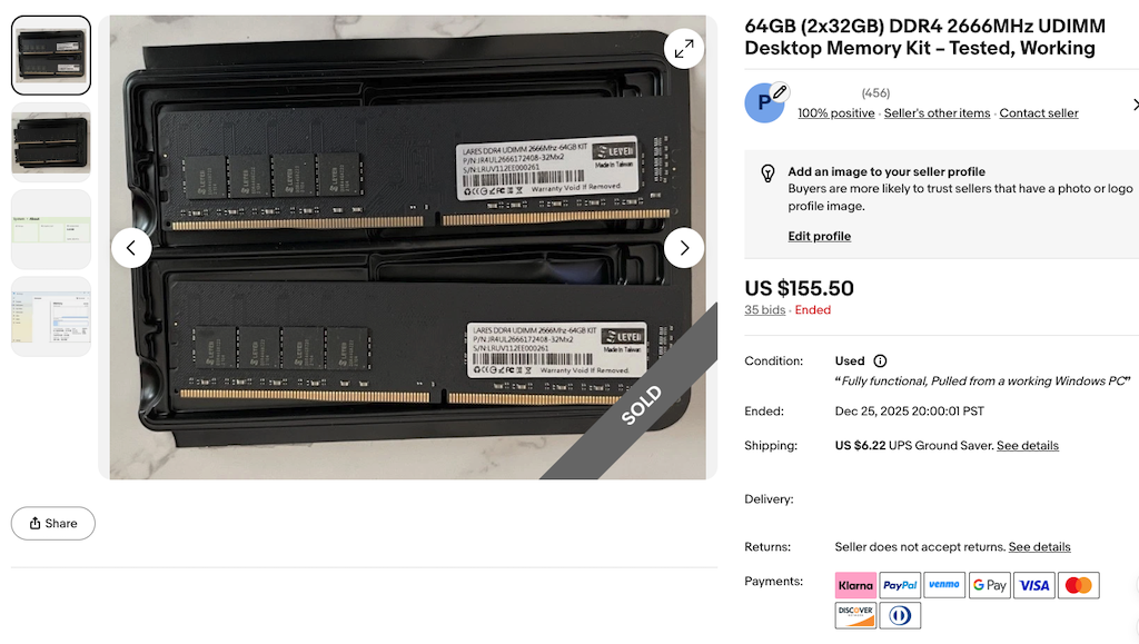 EBay オークションで 64GB (32GB) DDR4 メモリ出品