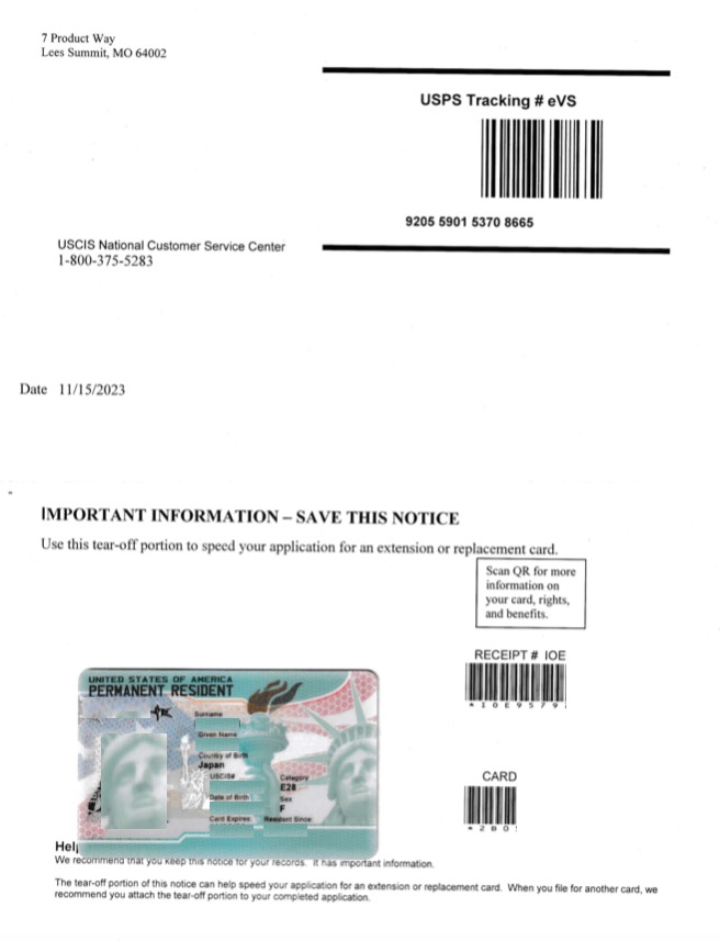 Notice, グリーンカード更新 到着まで約２年間