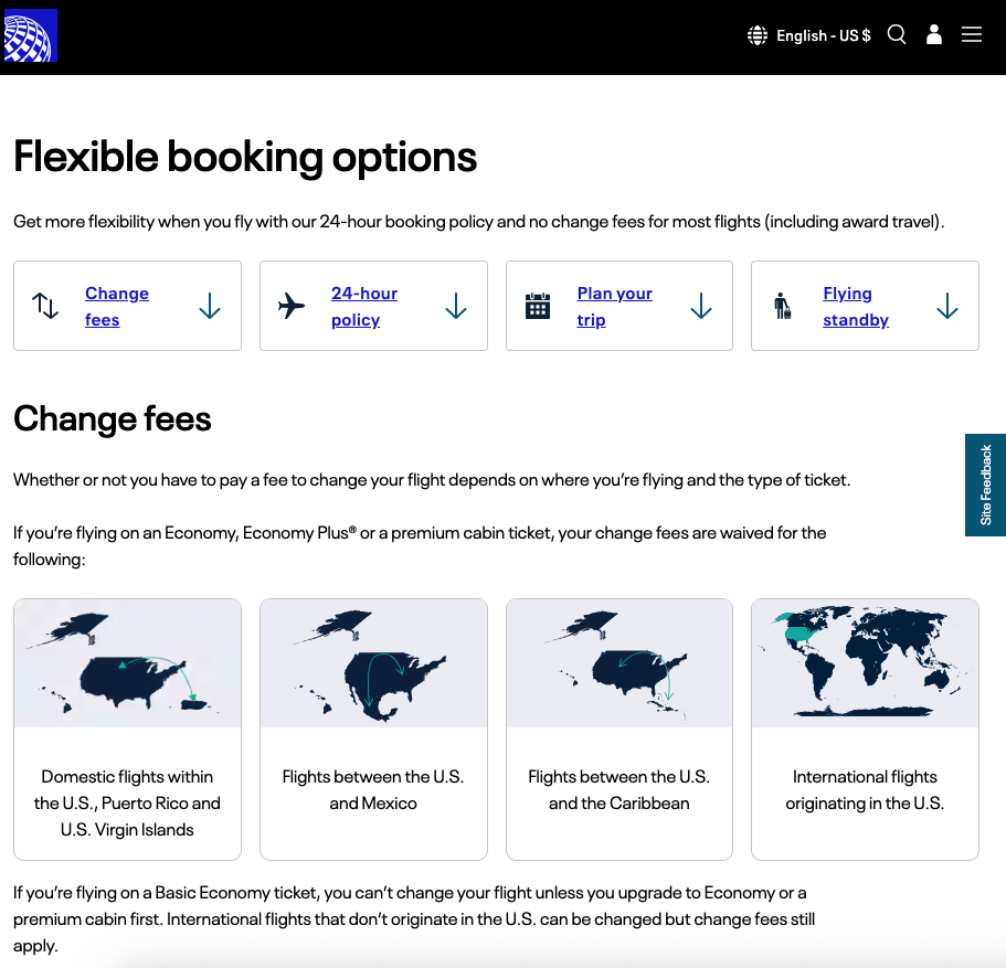 Flexible booking options, ユナイテッド航空 エコノミー 日程変更手数料無料
